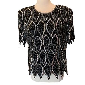 Laurence Kazar Sequin Beaded Black and Silver Blouse